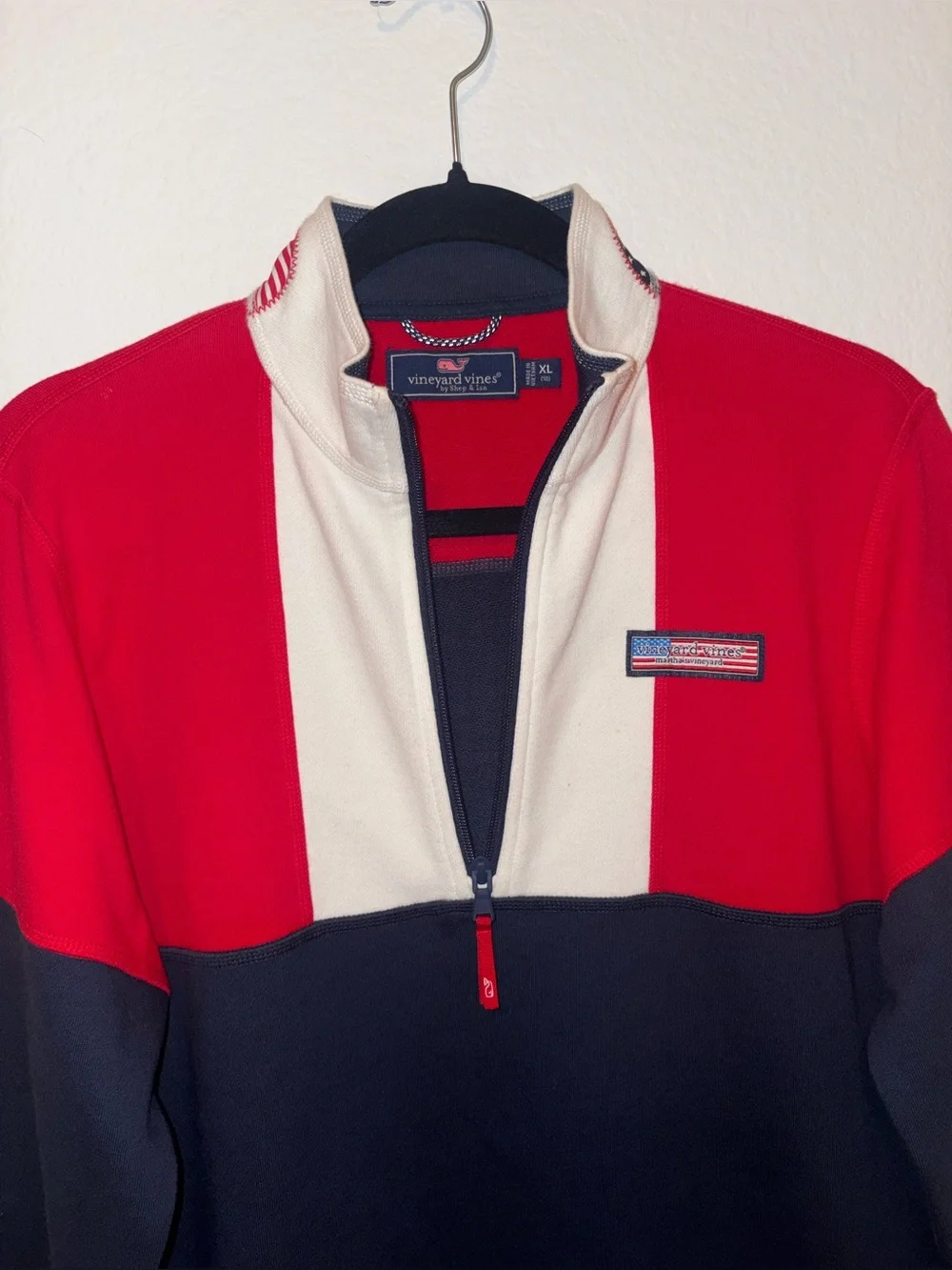 Vineyard Vines Shep Shirt features a patriotic half zip BIG KID SIZE